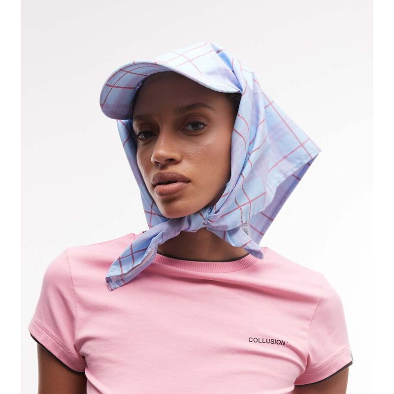COLLUSION blue check headscarf with cap detail