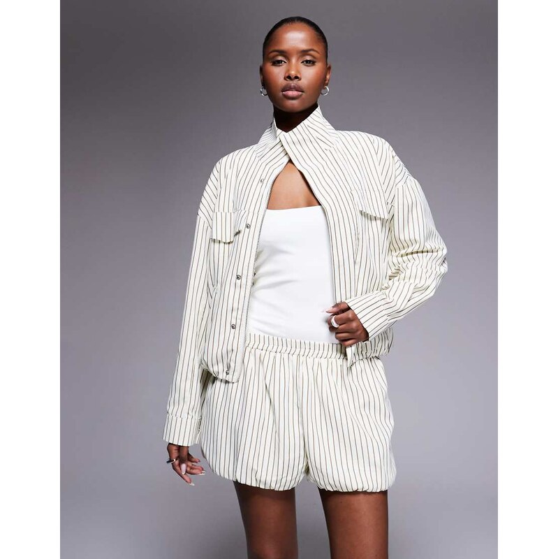 Kaiia exclusive striped puff co-ord shorts in cream and brown