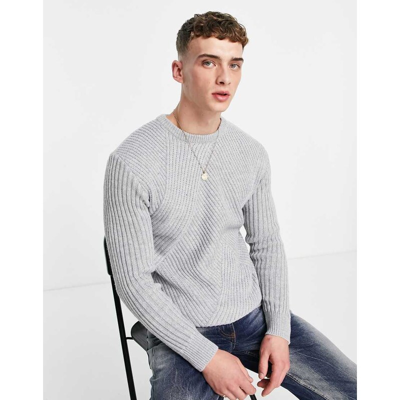 Mennace slouch knitted jumper in grey with diagonal rib detail