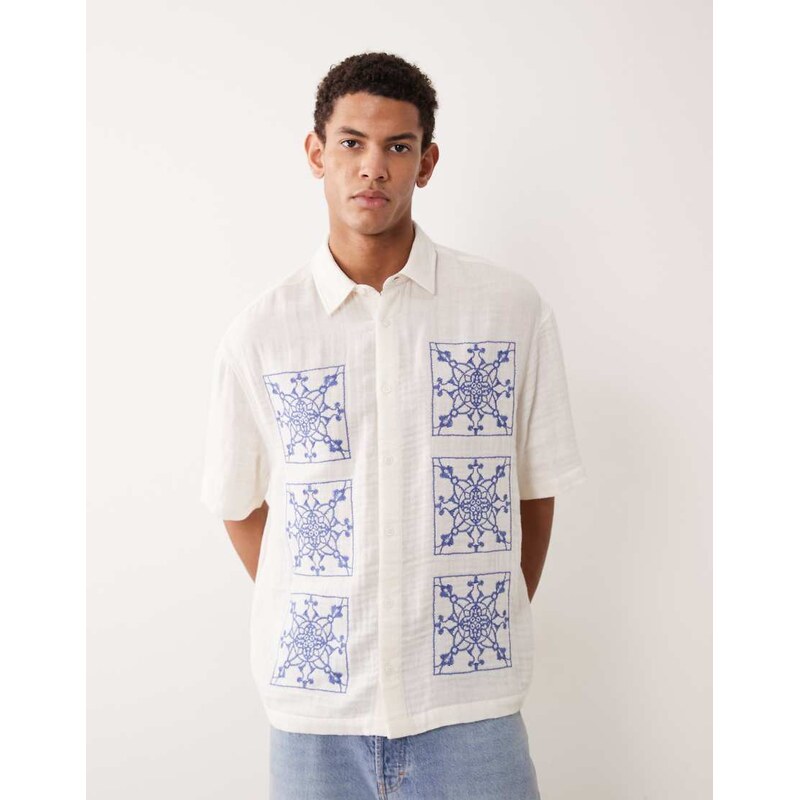 ASOS DESIGN oversized shirt with embroidery in white-Neutral