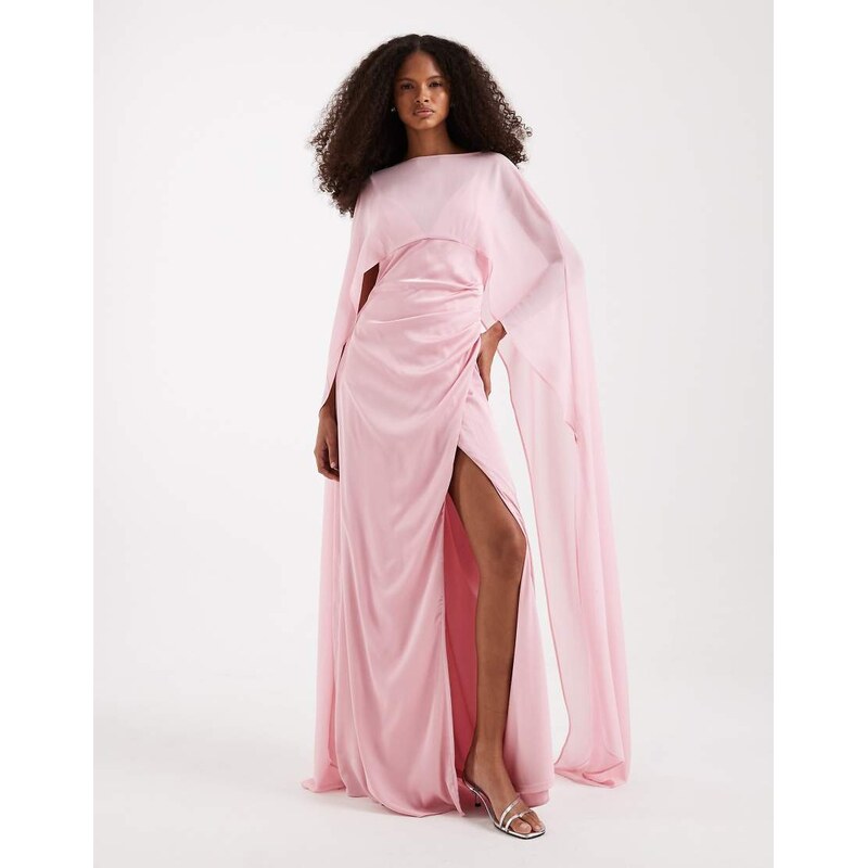 TFNC Bridesmaids satin maxi dress with mesh cape in pink