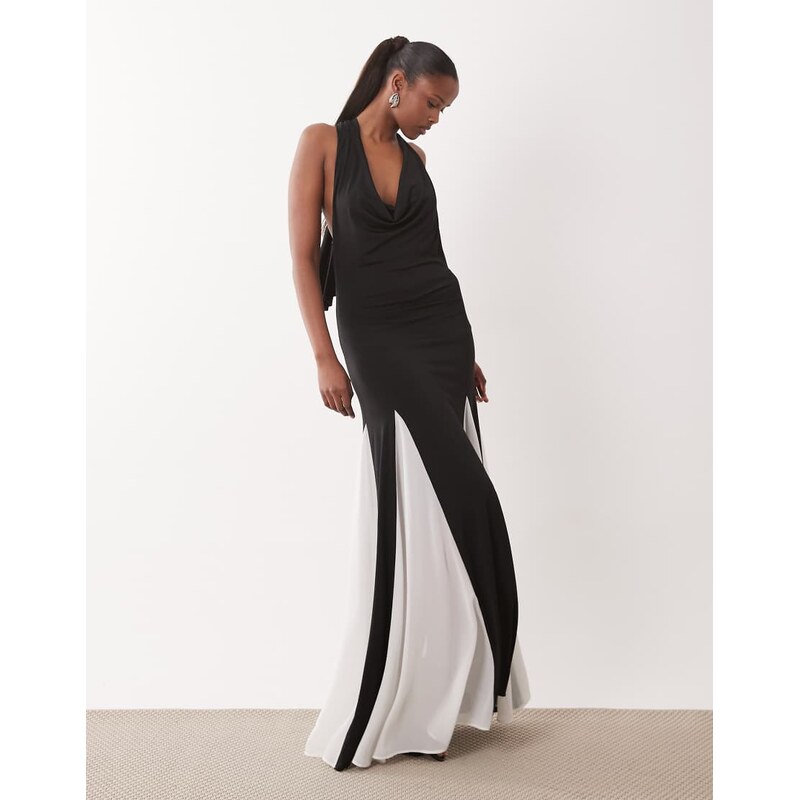 TFNC halter neck chiffon contrast godet skirt maxi dress in monochrome 114873510