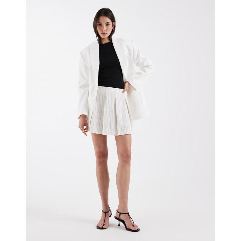 ASOS DESIGN tailored pleated mini skirt in ecru stripe-White