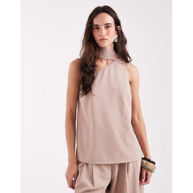 ASOS DESIGN Tailored one shoulder scarf detail top in mink-Brown