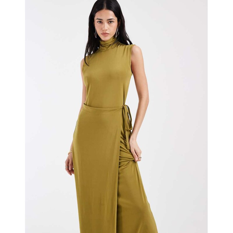 & Other Stories funnel neck tie waist midi dress in olive green