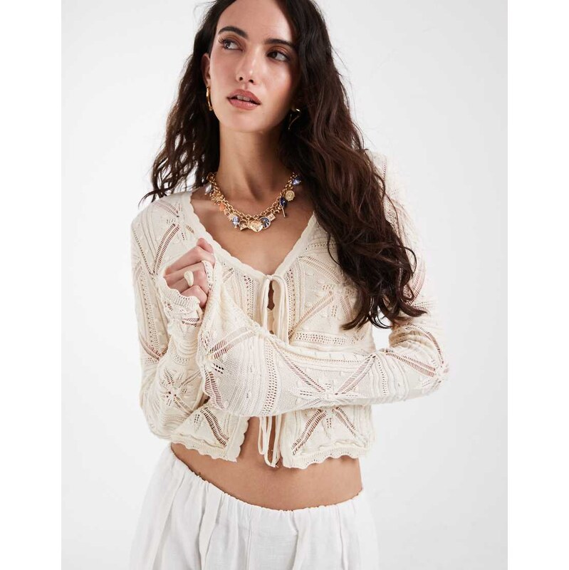 Vero Moda tie front patterned crochet cardigan in cream-White