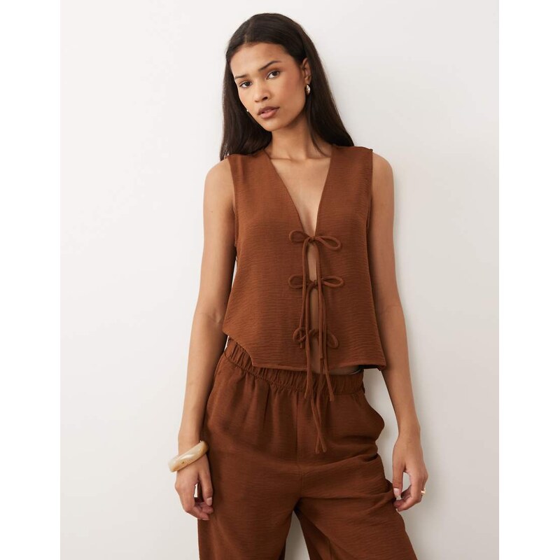 Vila tie front textured vest co-ord in carafe brown
