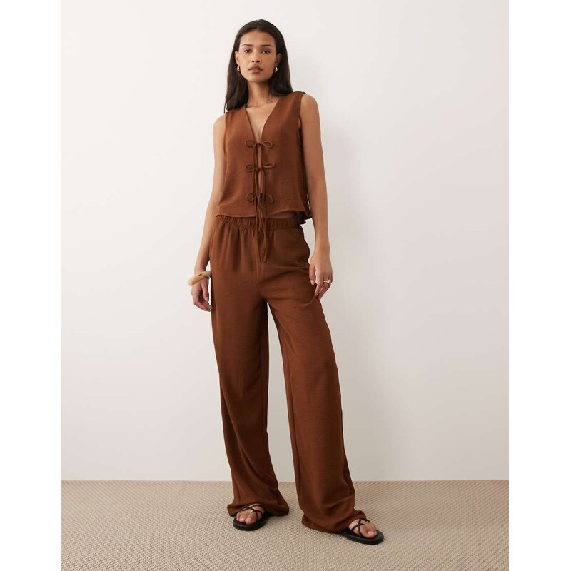Vila tie front textured vest co-ord in carafe brown