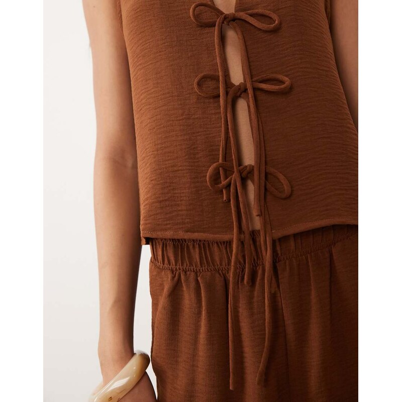Vila tie front textured vest co-ord in carafe brown