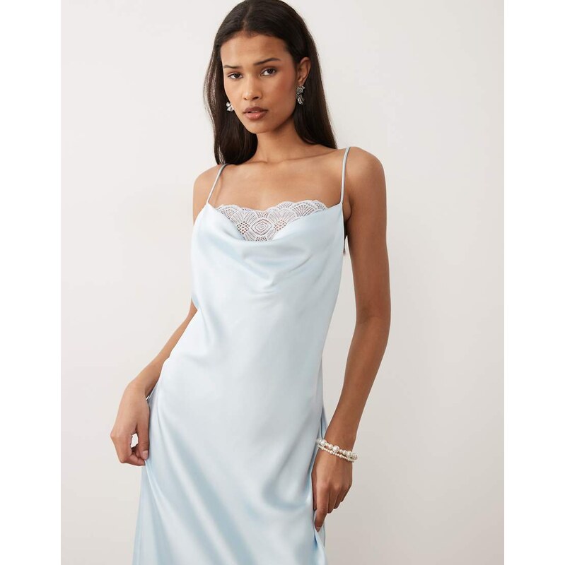 Vila lace insert cowl neck satin cami maxi dress in light blue