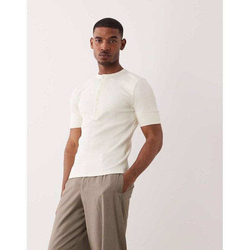 ASOS DESIGN muscle fit t-shirt with henley neck and deep cuff in cream smart rib-White