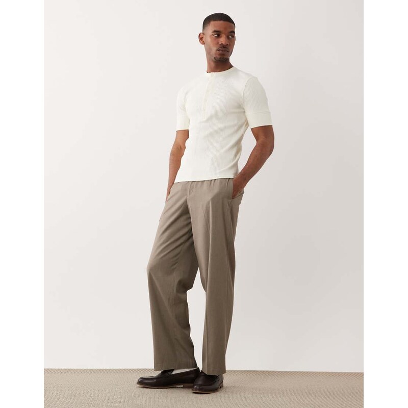 ASOS DESIGN muscle fit t-shirt with henley neck and deep cuff in cream smart rib-White
