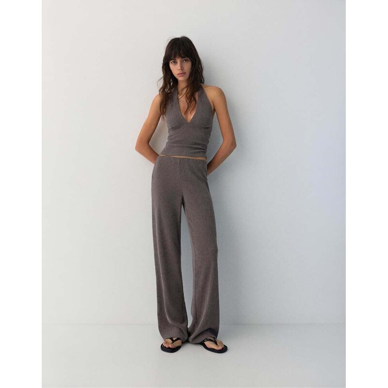 Pull&Bear Crepe straight-leg trousers in brown