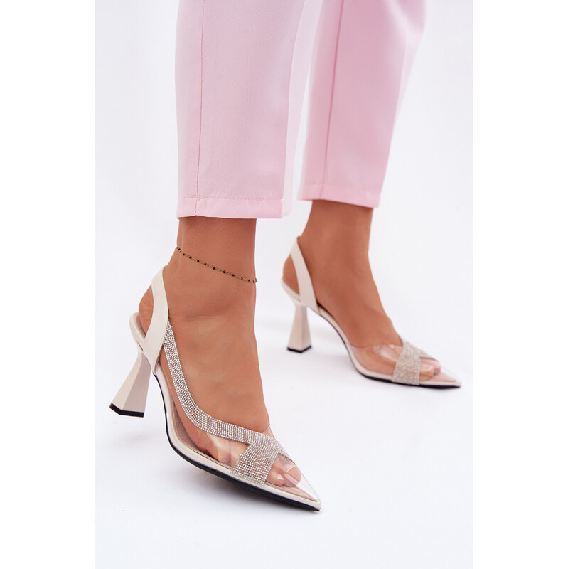 Průhledné sandály s kamínky na podpatku Vinceza 62282 světle béžové 114875959