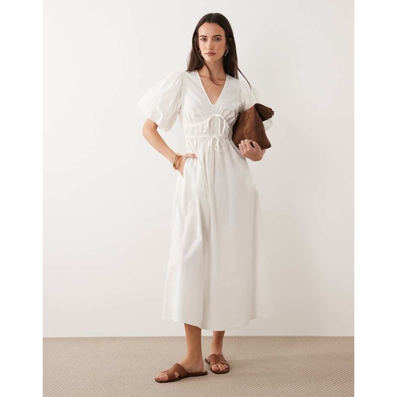 New Look puff sleeve v neck midi dress in white