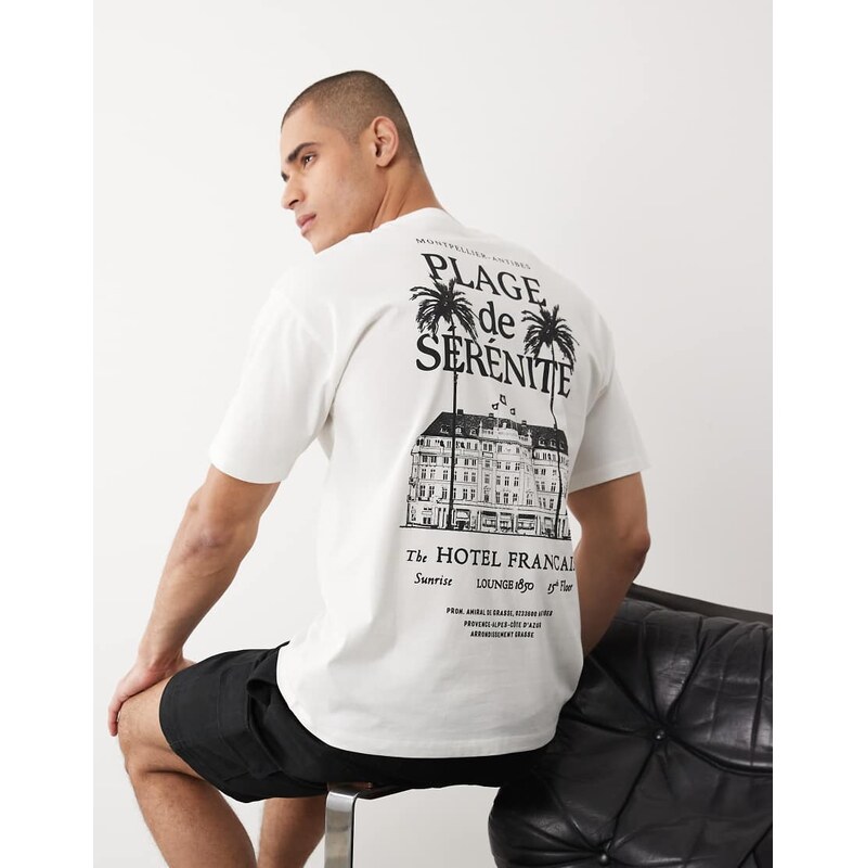 New Look hotel logo oversized t-shirt in cream-White