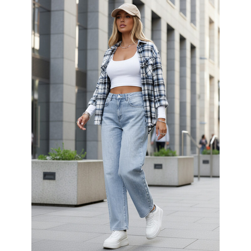 BASIC Dámské baggy jeans s vysokým pasem světle modré Světle