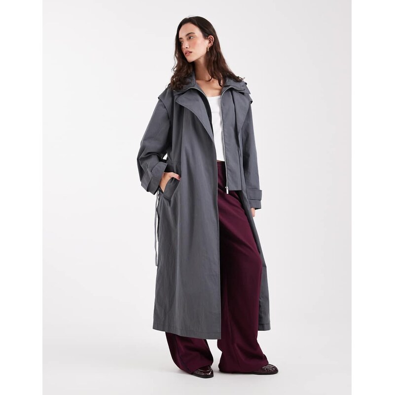 ASOS DESIGN double layer hooded trench coat in grey 115079090