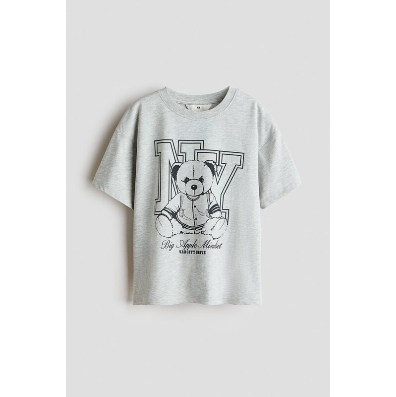 H&M - Oversized bavlněné tričko - Světle Šedý Melír/Medvídek
