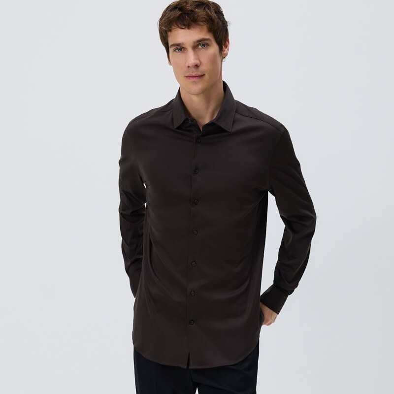 Reserved - Košile slim fit z egyptské bavlny - tmavě hnědá