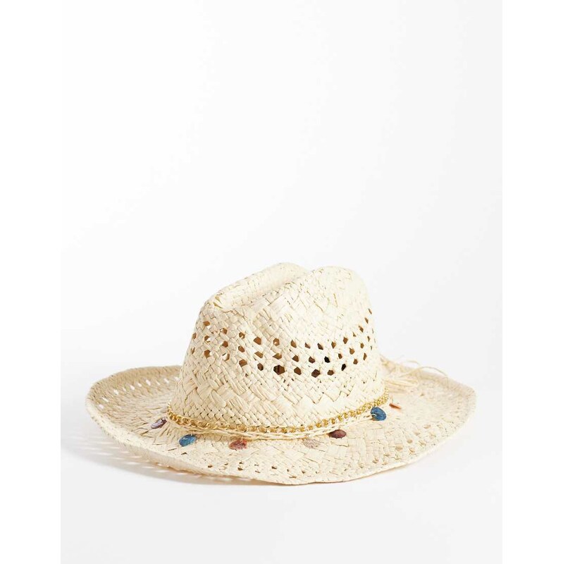 River Island straw hat with coin detail in cream-White