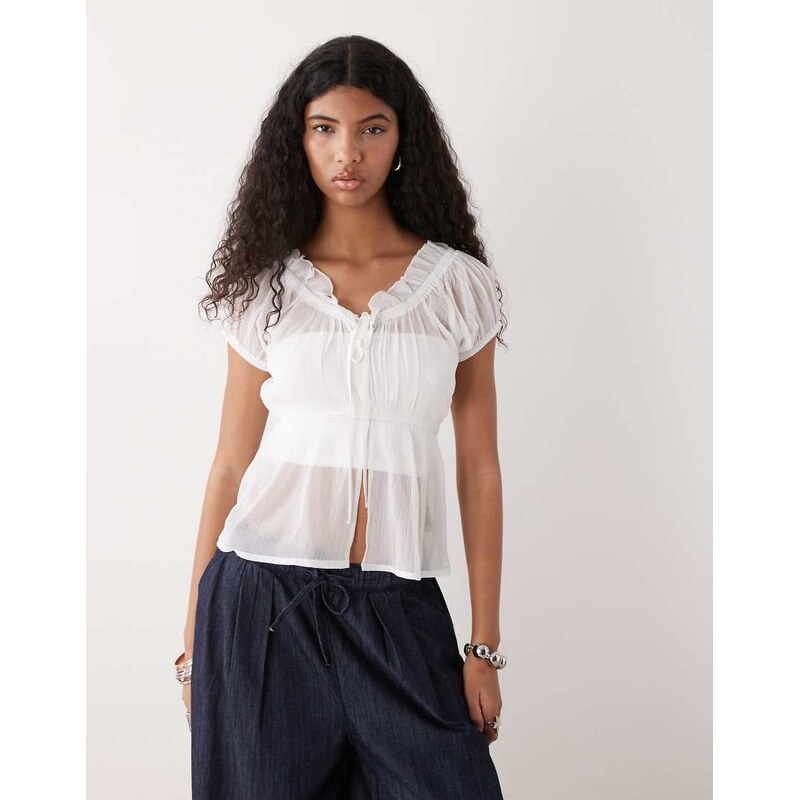 COLLUSION frill trim short sleeve blouse in white