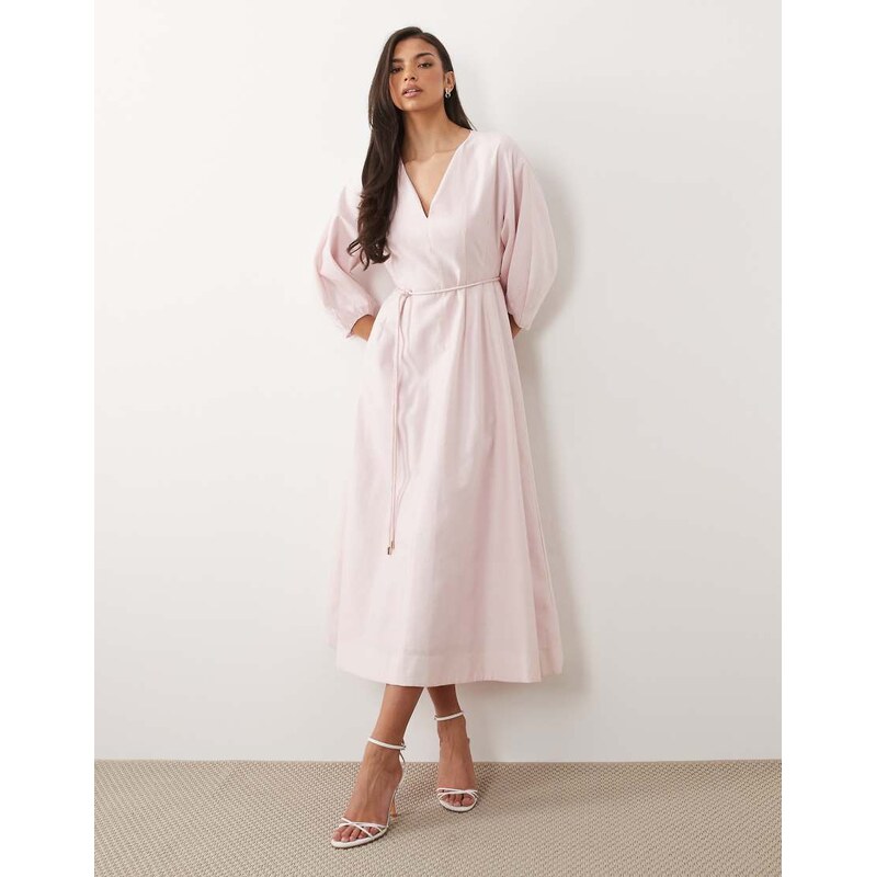 Forever New linen v neck tie detail midi dress in pink 115129186