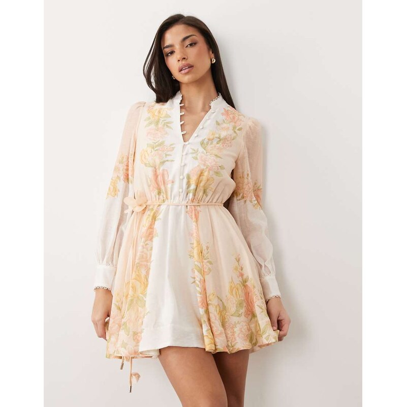 Forever New linen button down shirt mini dress in peach floral-Orange 115499430