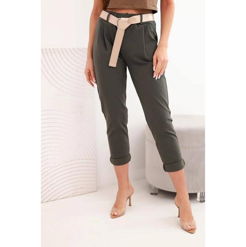 MladaModa Tříčtvrteční kalhoty s páskem model 6773-1 barva khaki