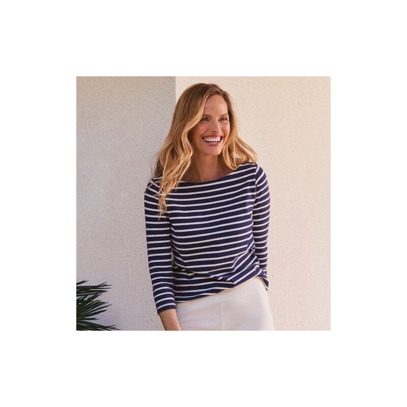Striped Three Quarter Sleeve Boatneck Cotton Top, Women, size: L