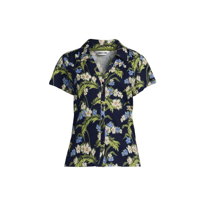Soft Drape Linen Blend Button Front Polo, Women, size: 8, petite, Blue 115493516