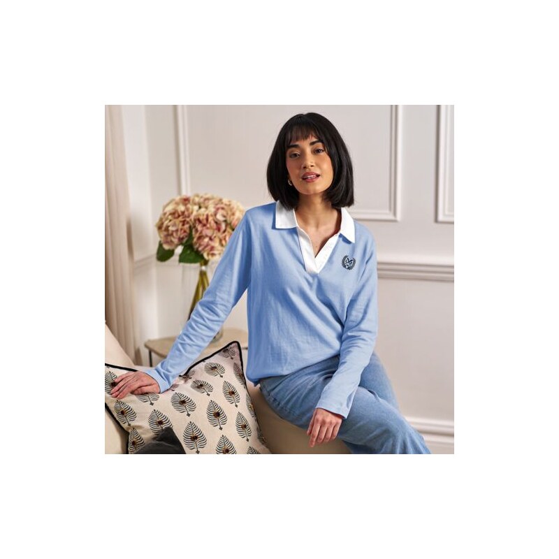 Long Sleeve Contrast Johnny Collar Polo Shirt, Women, size: L,