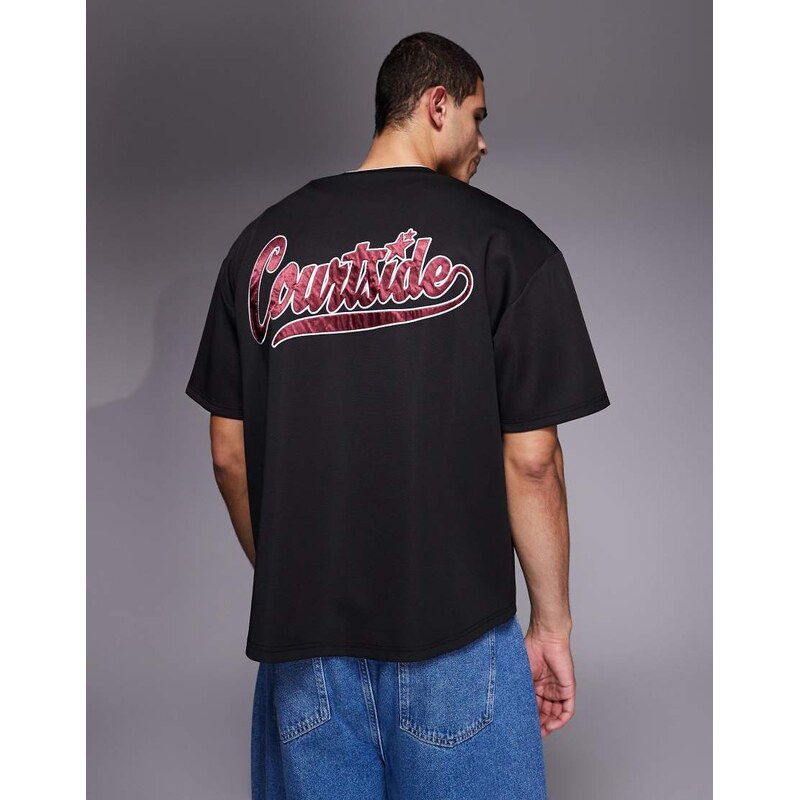 Courtside boxy oversized baseball jersey in black with red logo