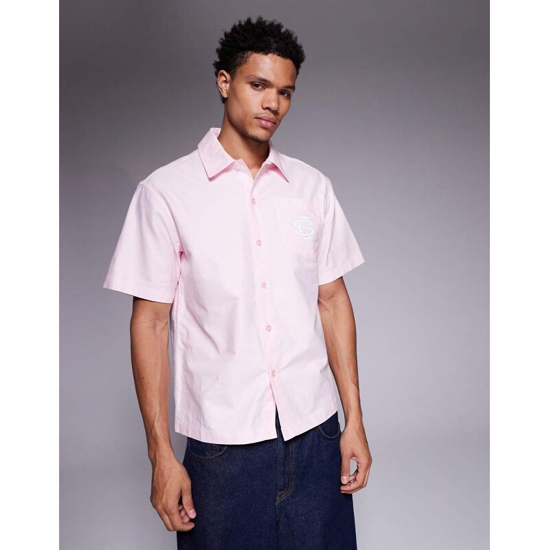 Courtside boxy short sleeve shirt in pink with logo print 115070883