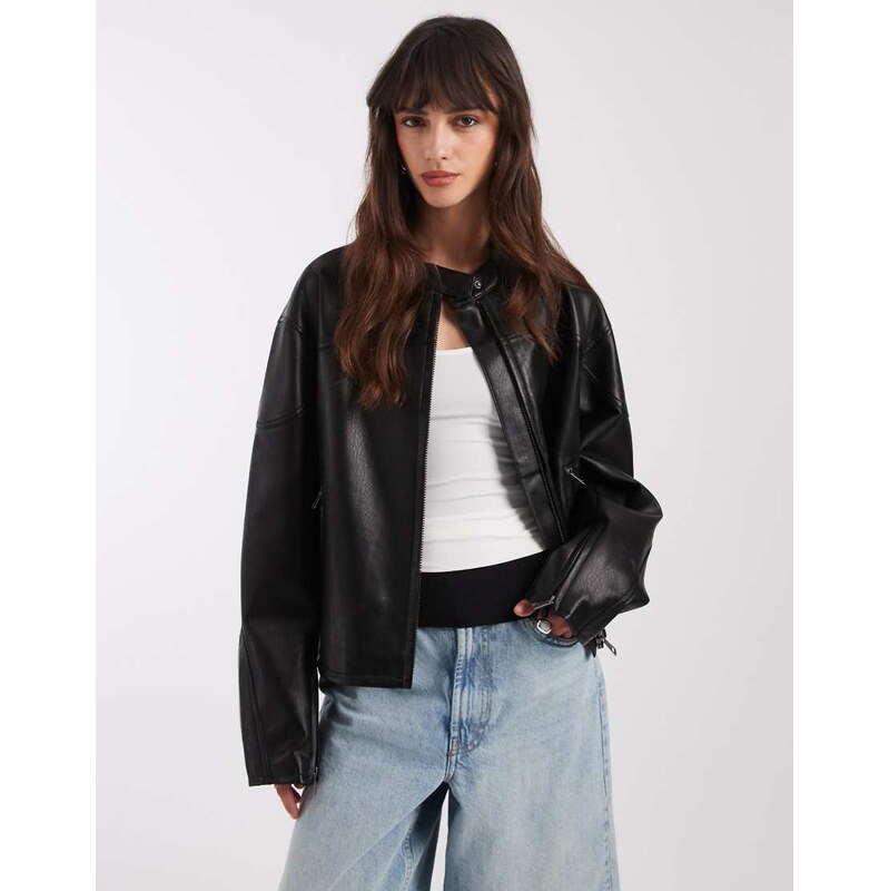 ASOS DESIGN motorsport leather look biker jacket in black