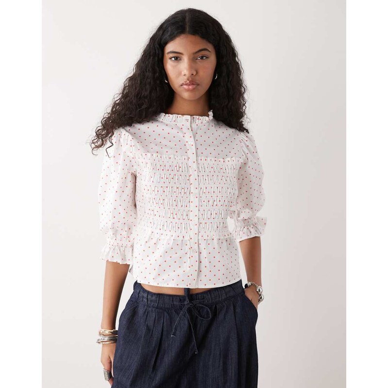 COLLUSION shirred polka dot blouse in white