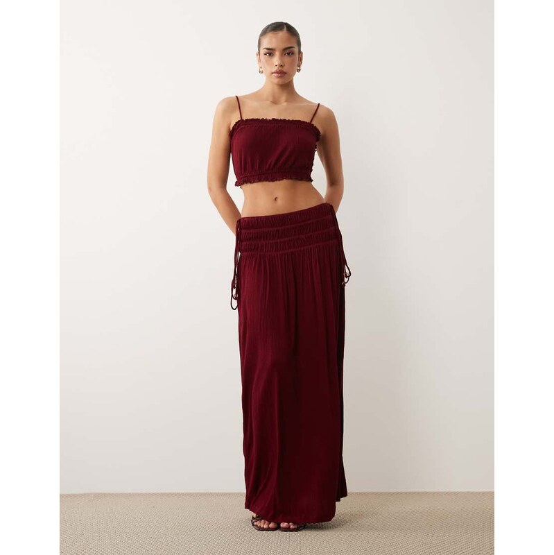 ASOS DESIGN co-ord crinkle shirred waistband maxi skirt in berry
