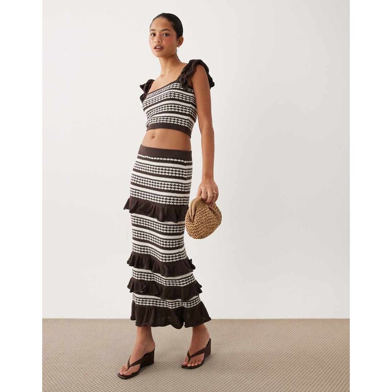 ASOS DESIGN stripe frill maxi skirt co-ord in chocolate and