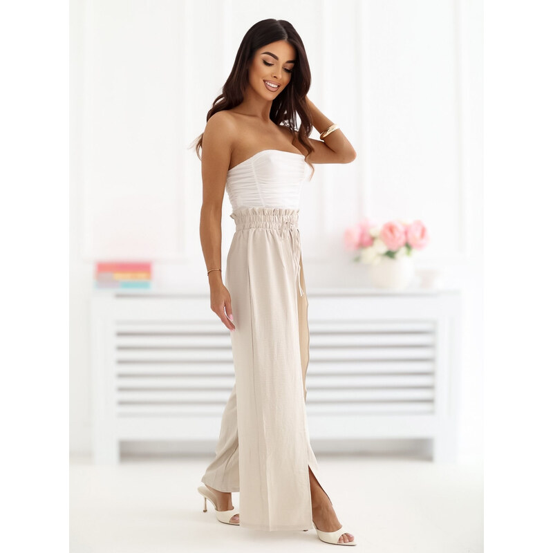 Factory Price Béžové dámské kalhoty wide-leg s rozstřihy