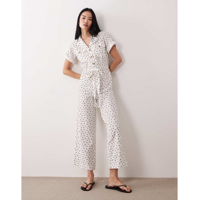 Wednesdays Girl short sleeve collared jumpsuit in white polka