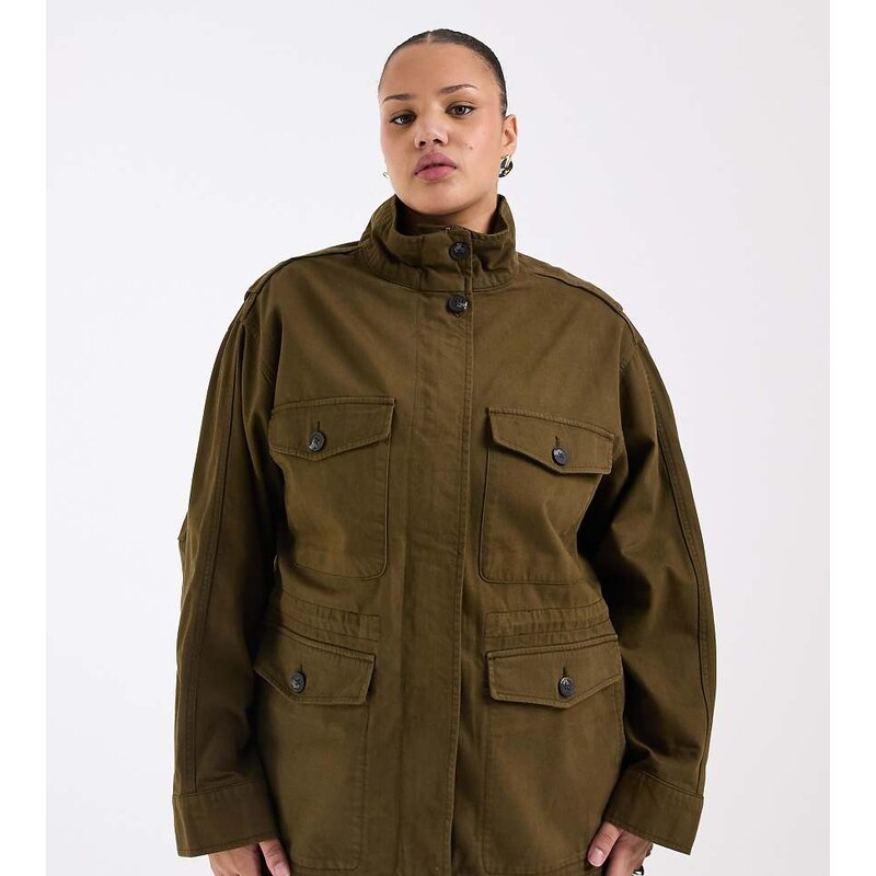 ASOS Curve ASOS DESIGN Curve cotton four pocket parka jacket in khaki 115491570
