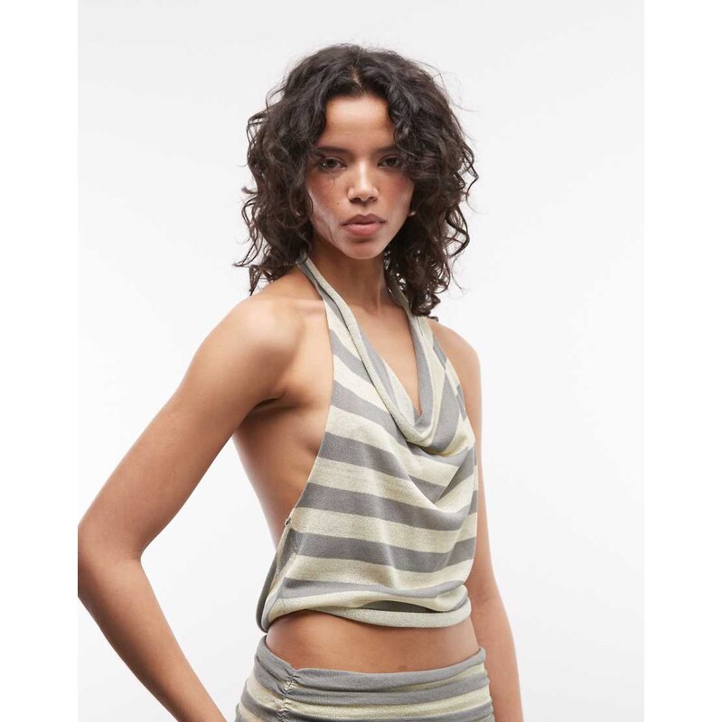 COLLUSION festival shimmer stripe halter top co-ord in yellow and grey 115136159