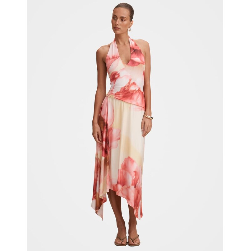 Forever New slinky halter neck high low midi dress in pink floral 115132045