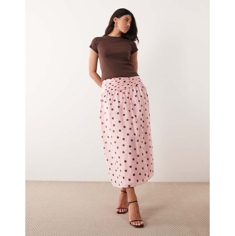 Forever New ruched maxi skirt co-ord in pink polka dot 115132046