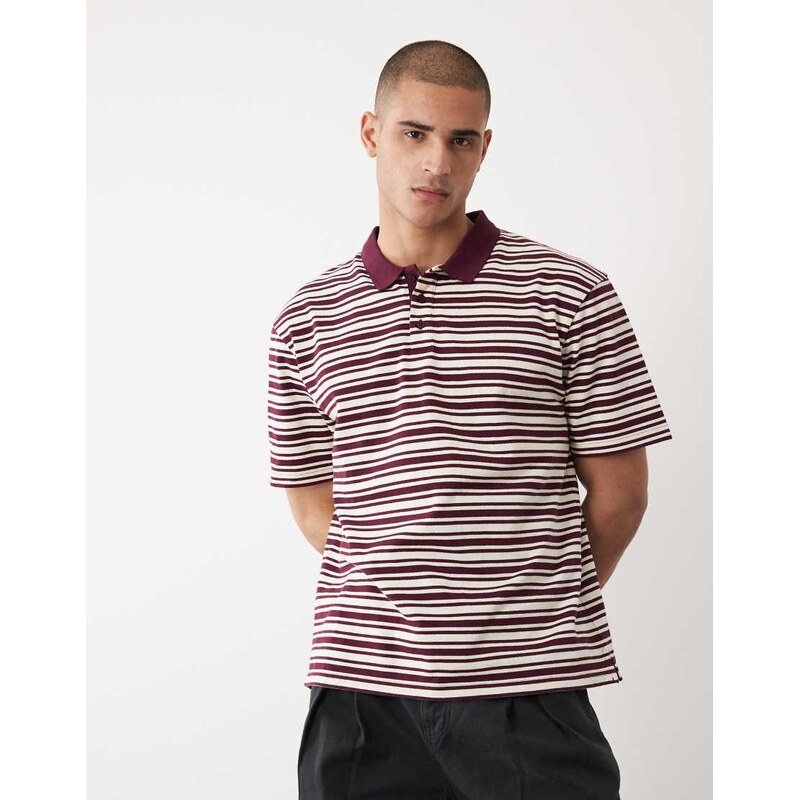 Threadbare relaxed fit knitted short sleeve polo top in plum and