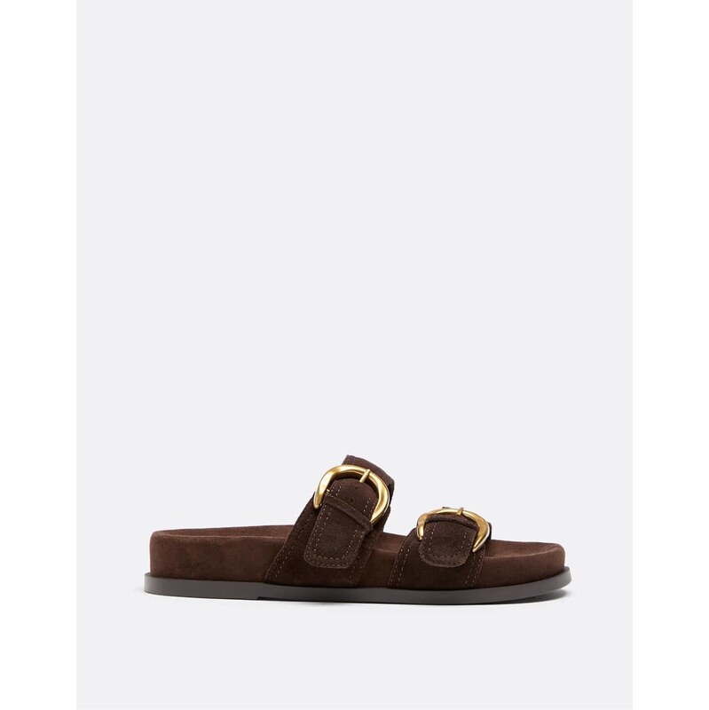 Stradivarius Flat leather buckle sandals in brown