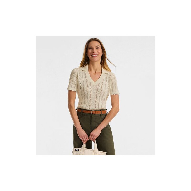 Short Sleeve Cotton Pointelle Knit Polo, Women, size: L, regular