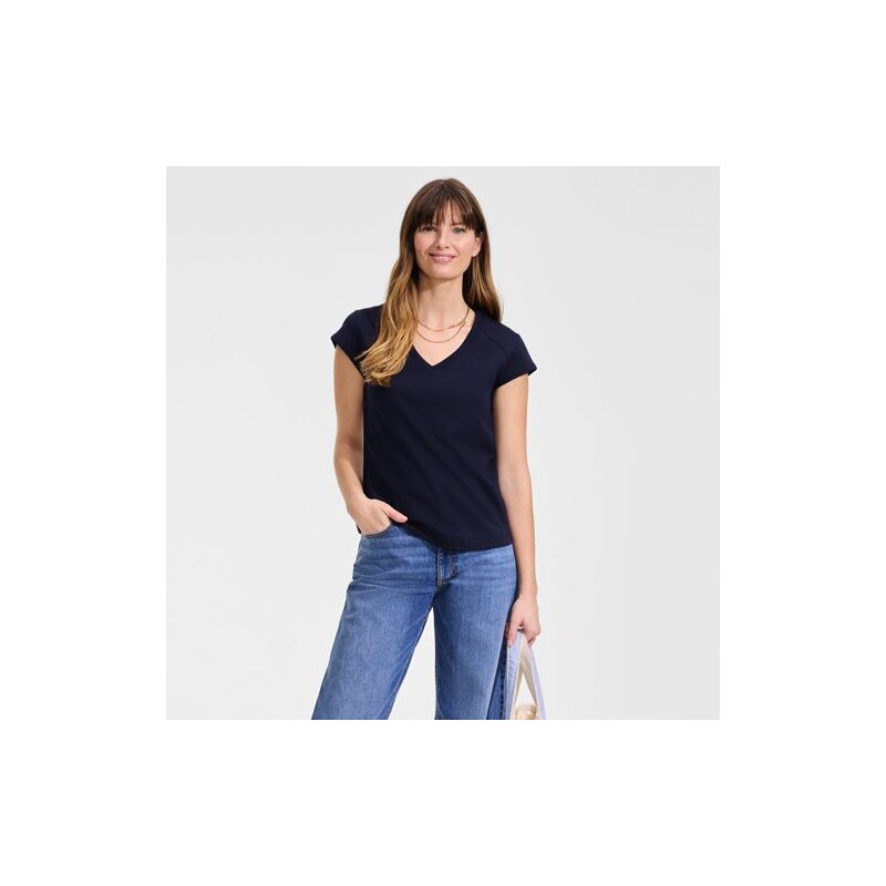 Cap Sleeve V-Neck Supima T-Shirt, Women, size: M, petite, Blue,