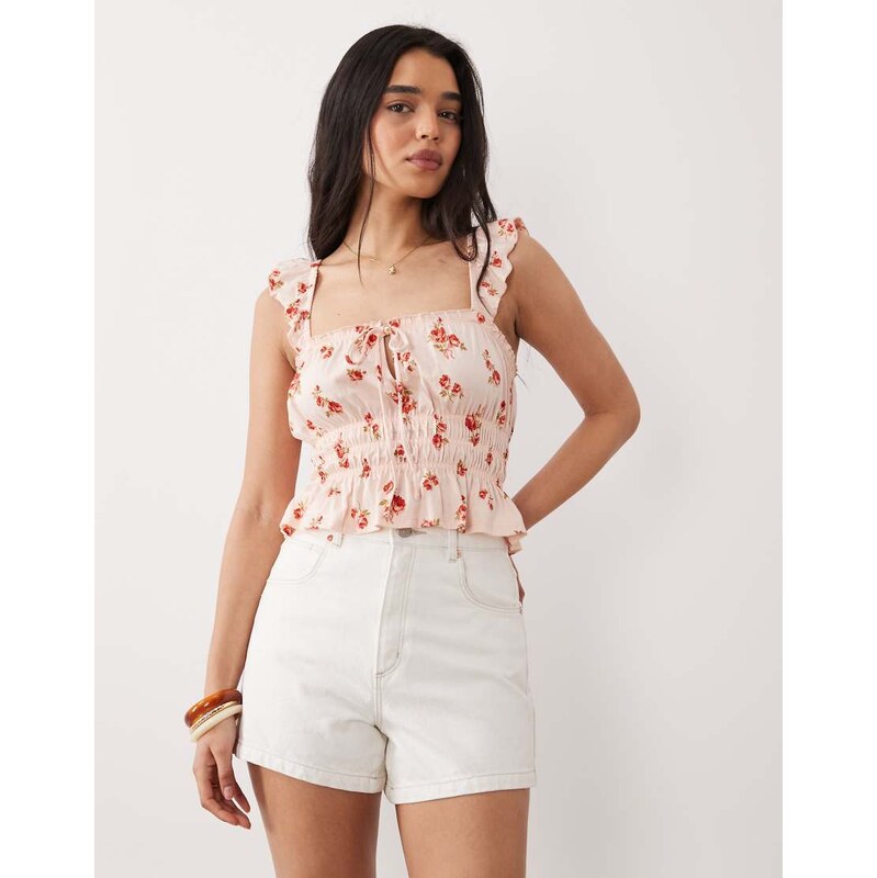 Miss Selfridge ditsy print shirred top with ruffle sleeve-Multi 115078902