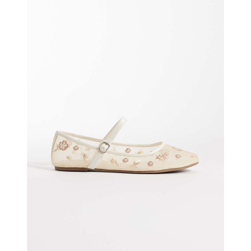 Glamorous embroidered mesh ballet flats in beige-White